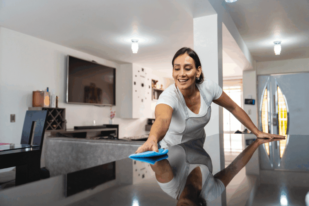 Residential cleaning team polishing a kitchen island in a Westworth Village home.