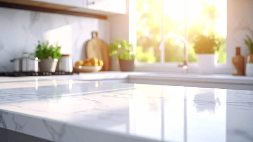 Sparkling kitchen countertops and clean surfaces in a home located.