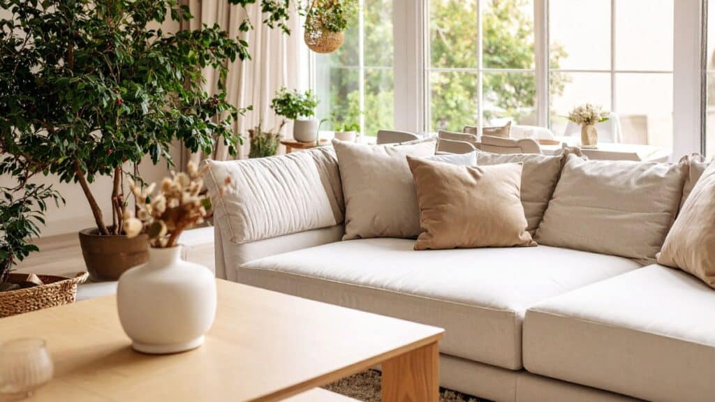 Pristine living room with spotless sofa cleaned by professionals.